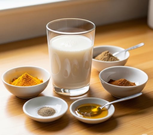 a glass of milk with spices and spices in bowls