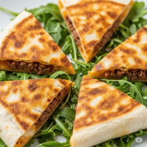 Tortilla dorada en su exterior, con relleno jugoso, servida en triángulos sobre hojas de rúgula fresca.