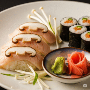 ushi nigiri y maki, con láminas de shiitake sobre arroz y enoki como decoración
