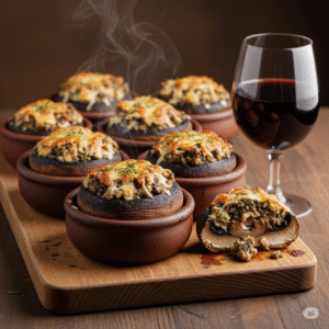 Setas grandes rellenas servidas en cazuelas de barro sobre una tabla de madera con copa de vino tinto al lado.
