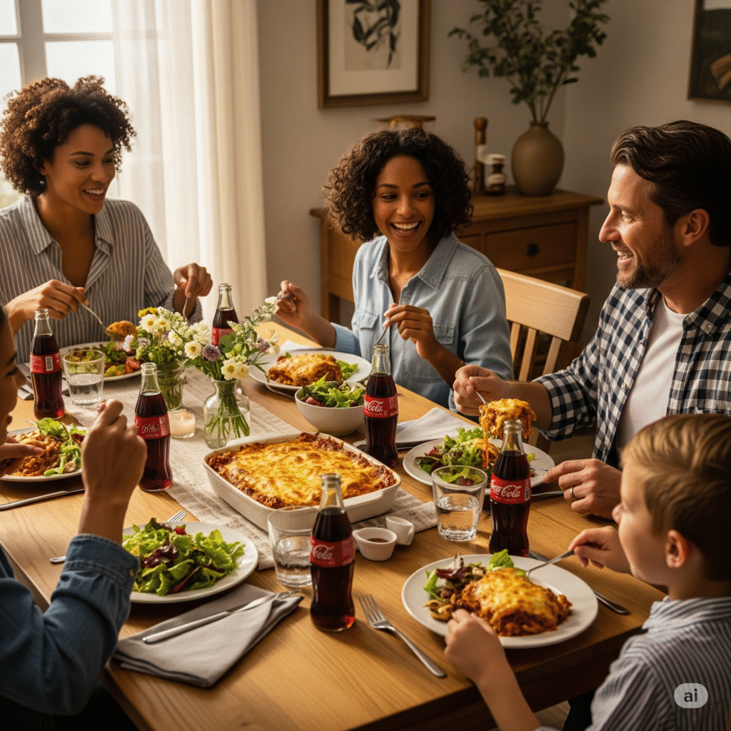 Una mesa con una familia comiendo lasaña de setas en salsa de queso y bebida de gaseosa de cola