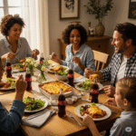Una mesa con una familia comiendo lasaña de setas en salsa de queso y bebida de gaseosa de cola