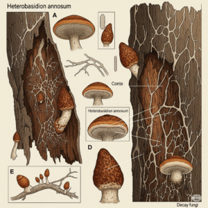 Hongos parásitos: - Esta imagen muestra hongos parásitos, como el hongo de la caries (Heterobasidion annosum).