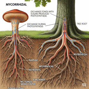 Hongos micorrízicos: - Esta imagen muestra hongos micorrízicos, que forman relaciones simbióticas con las raíces de los árboles.
