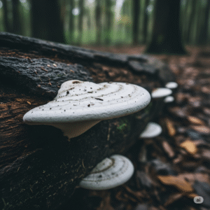 Hongos saprófitos: - Esta imagen muestra hongos saprófitos, específicamente el hongo de la madera podrida (Fomitopsis officinalis), creciendo en un tronco en descomposición