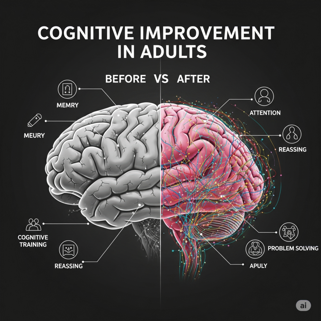 La imagen muestra una infografía impactante que ilustra la mejora cognitiva en adultos. Se presenta una comparación de un cerebro humano "antes" y "después". El cerebro "antes" está en tonos grises, con menos conexiones y actividad limitada, mientras que el cerebro "después" es vibrante y muestra una gran cantidad de vías neuronales activas, lo que indica habilidades cognitivas mejoradas. Se incluyen íconos relacionados con habilidades cognitivas como la memoria, la atención, el razonamiento y la resolución de problemas, visualizando cómo se fortalecen estas capacidades en adultos a través del entrenamiento y la estimulación cognitiva. El diseño es limpio y moderno, con colores contrastantes que resaltan la mejora.