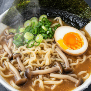 Un tazón humeante de ramen con shimeji flotando entre los fideos, huevo cocido, cebolleta y alga nori.