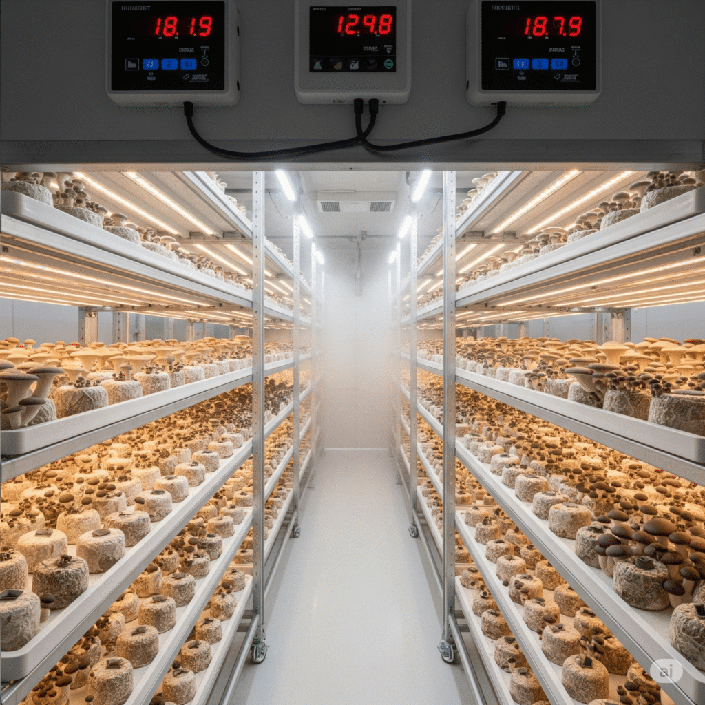 ¿Qué parámetros ambientales se controlan en una sala de fructificación?